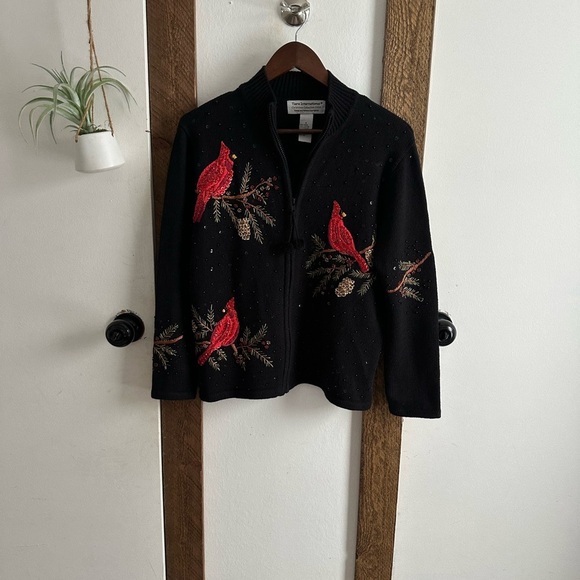 Vintage Tiara International Embroidered Cardinals Full Zip Christmas Sweater - Picture 2 of 14